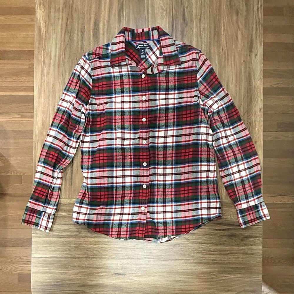 Lands End Womens Cotton Plaid Flannel Button Down Shirt Red Green Blue Size 10